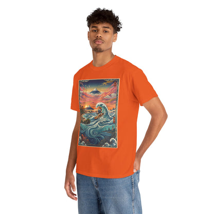 NekoPunch Original | Sunset & wave Mt. Fuji Surf T-Shirt - Girl | Unisex Heavy Cotton Tee