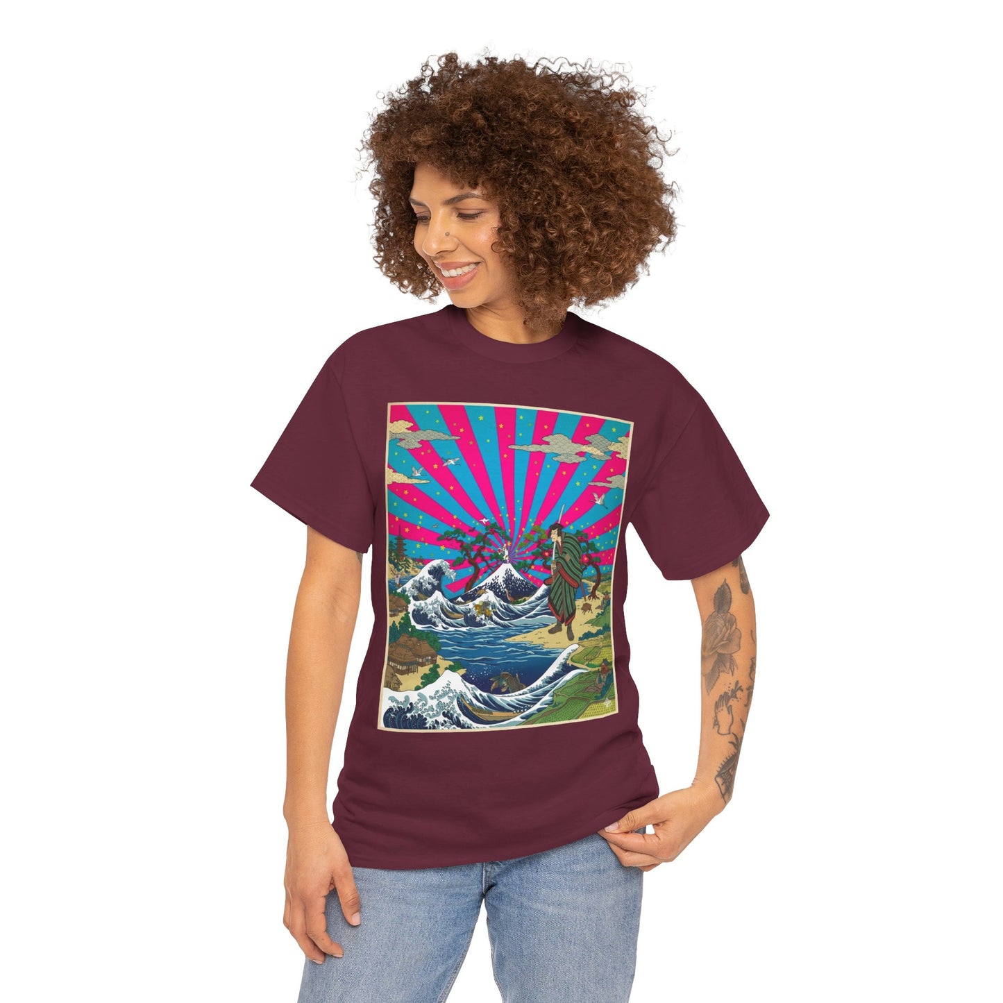 NekoPunch Original | Retro Japanese Wave & Beach T-Shirt - Samurai | Unisex Heavy Cotton Tee