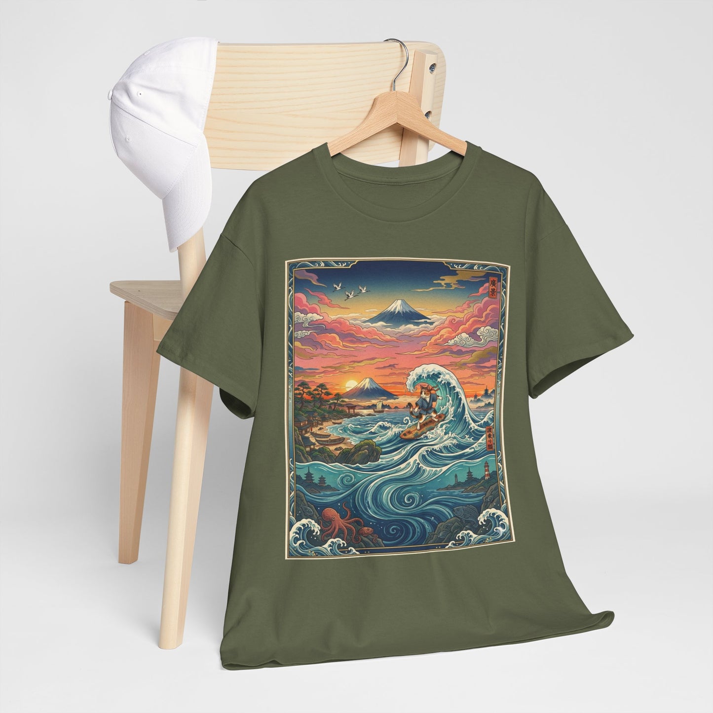 NekoPunch Original | Sunset & wave Mt. Fuji Surf T-Shirt - Girl | Unisex Heavy Cotton Tee