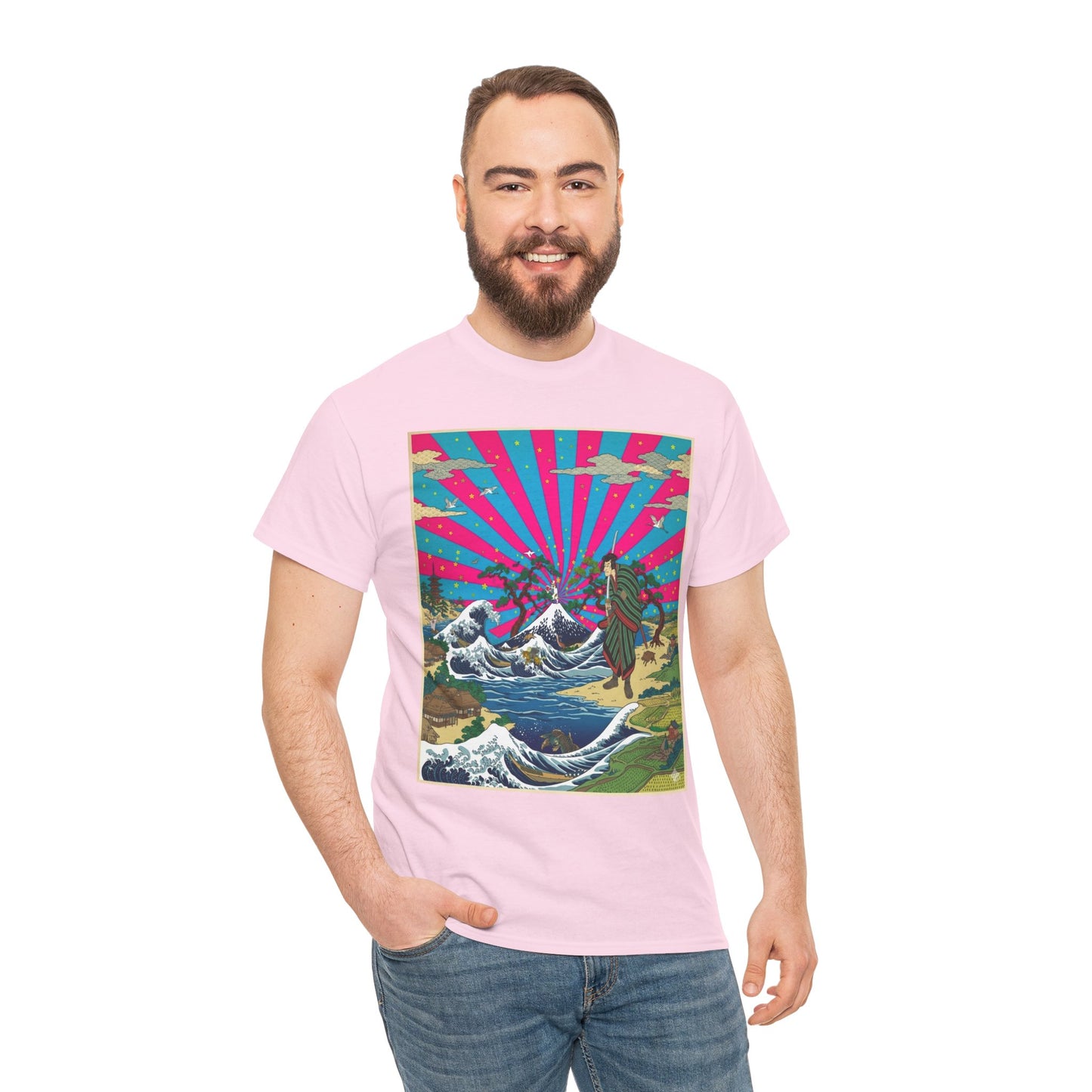 NekoPunch Original | Retro Japanese Wave & Beach T-Shirt - Samurai | Unisex Heavy Cotton Tee