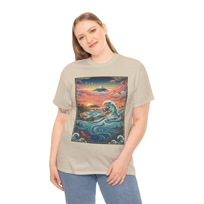 NekoPunch Original | Sunset & wave Mt. Fuji Surf T-Shirt - Girl | Unisex Heavy Cotton Tee