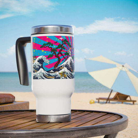 NekoPunch Original | 14oz Retro Japanese Wave & Beach Stainless Steel Travel Mug - Samurai
