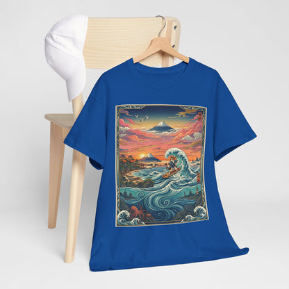 NekoPunch Original | Sunset & wave Mt. Fuji Surf T-Shirt - Girl | Unisex Heavy Cotton Tee