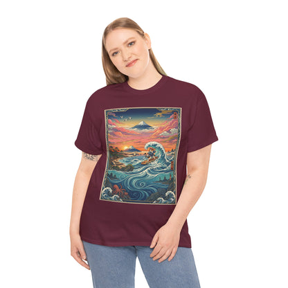 NekoPunch Original | Sunset & wave Mt. Fuji Surf T-Shirt - Girl | Unisex Heavy Cotton Tee