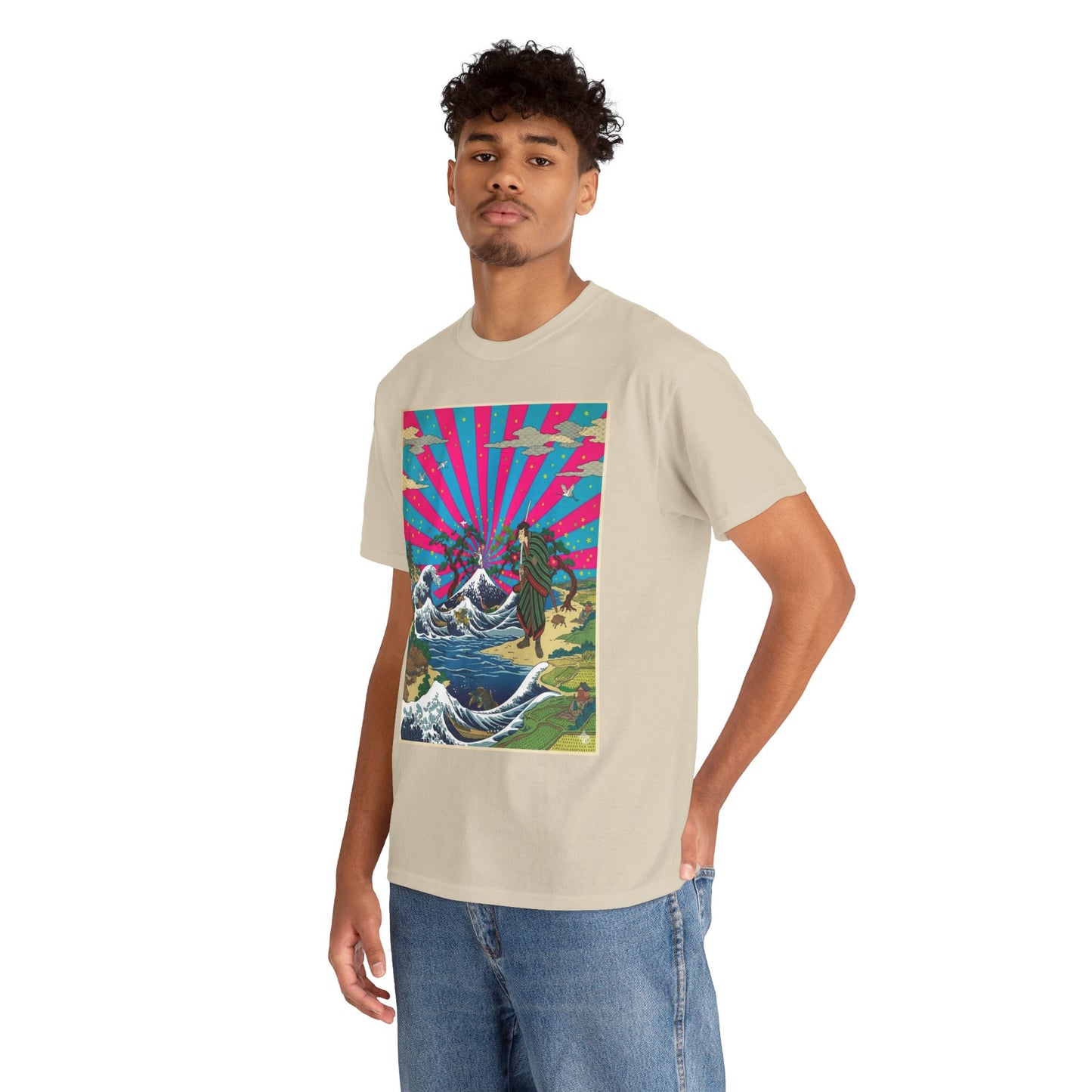 NekoPunch Original | Retro Japanese Wave & Beach T-Shirt - Samurai | Unisex Heavy Cotton Tee