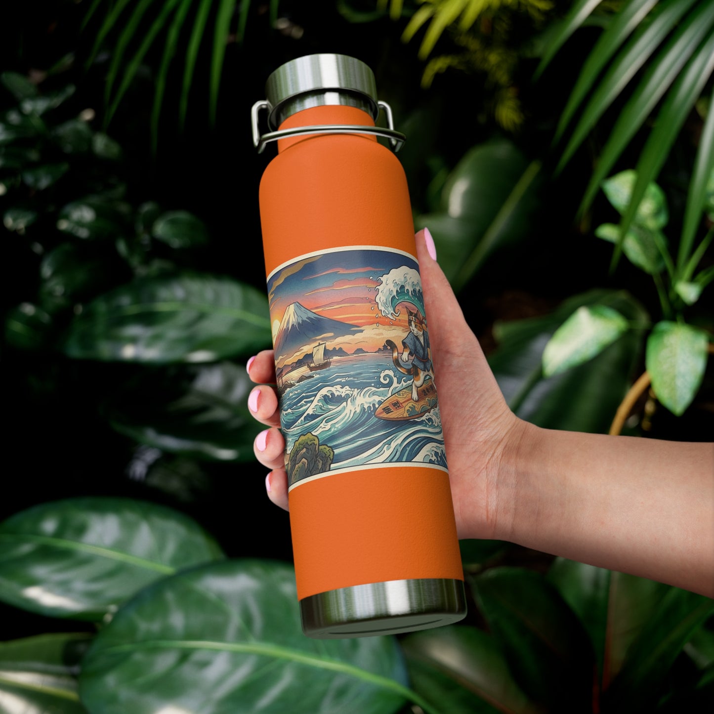 NekoPunch Original | 22oz Sunset & wave Mt. Fuji Surf Insulated Water Bottle