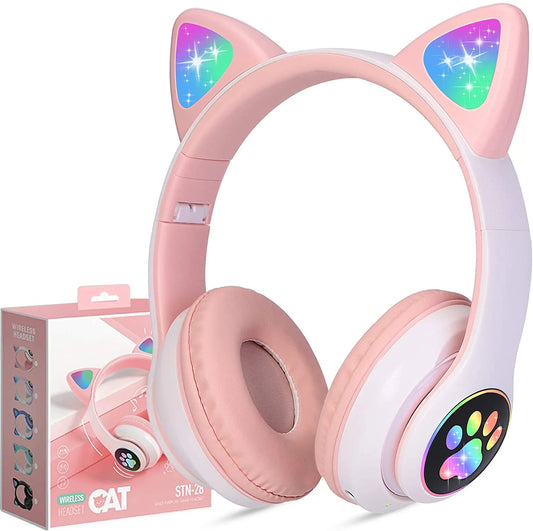 Kids Cat Ear Wireless Bluetooth Headphones with LED Lights, Foldable Over-Ear Design & Built-in Microphone