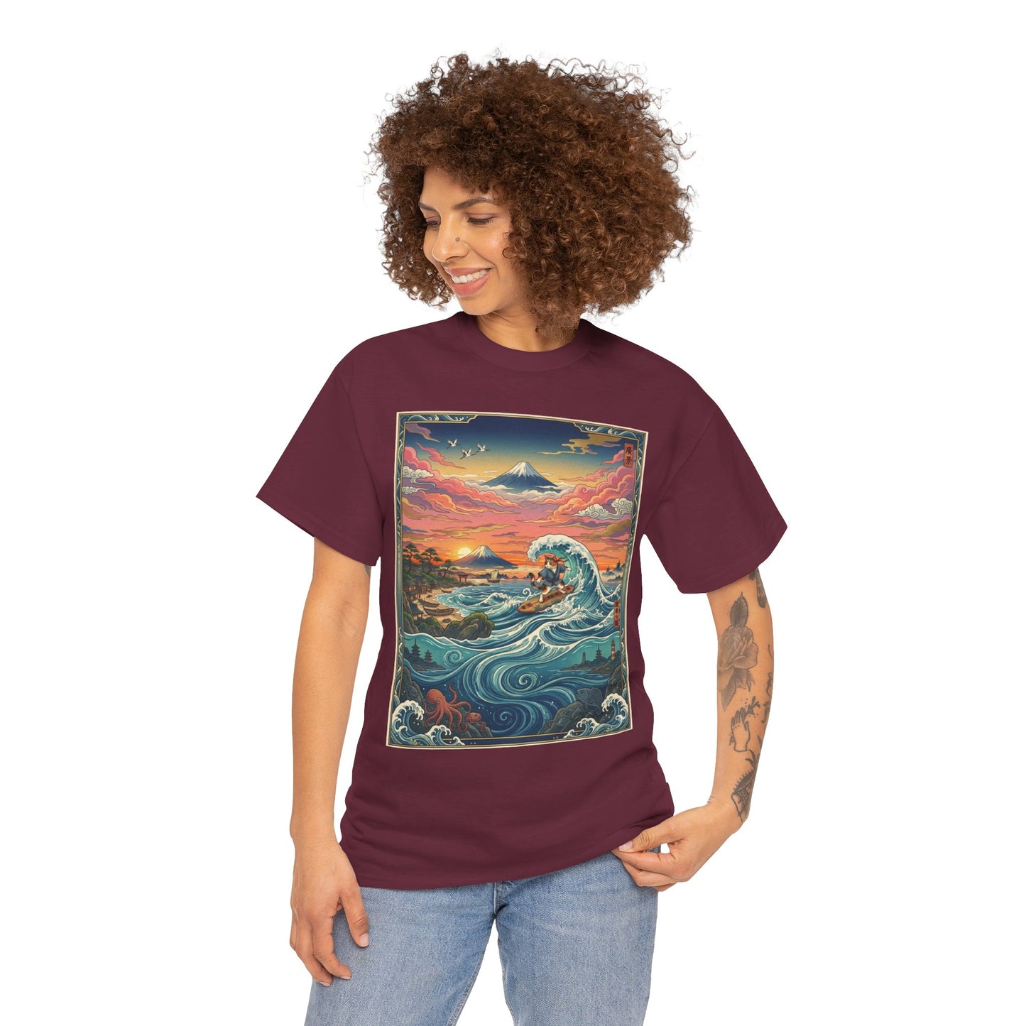 NekoPunch Original | Sunset & wave Mt. Fuji Surf T-Shirt - Girl | Unisex Heavy Cotton Tee