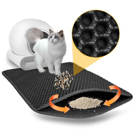 Cat Litter Mat, Kitty Litter Trapping Mat, Double Layer Mats with Mili Shape Scratching Design, Urine Waterproof, Easy Clean, Scatter Control 24" X 16" Black
