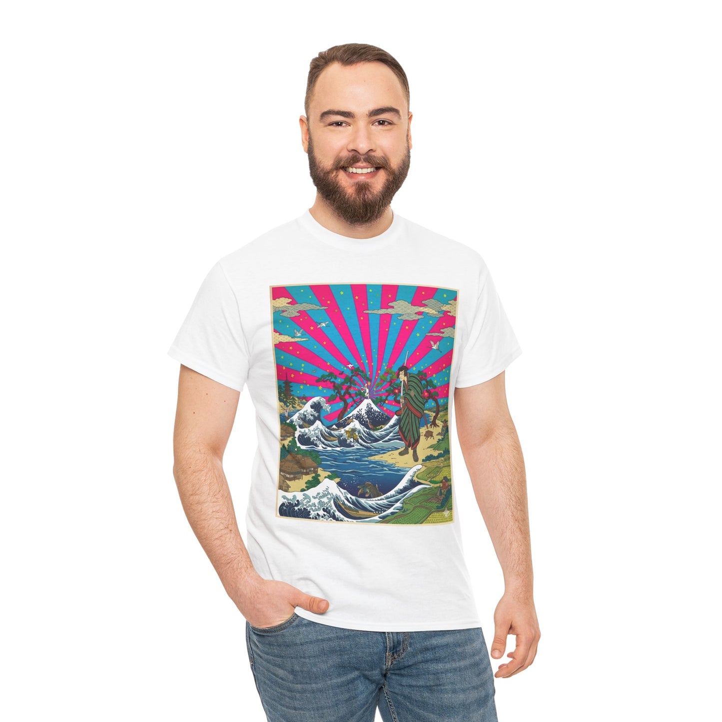 NekoPunch Original | Retro Japanese Wave & Beach T-Shirt - Samurai | Unisex Heavy Cotton Tee