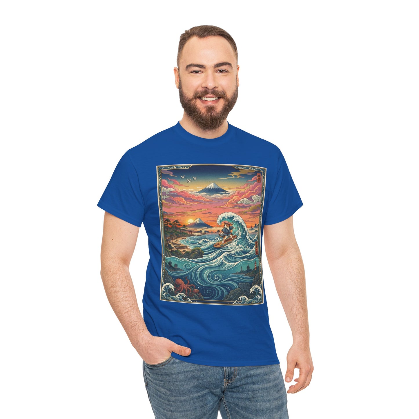 NekoPunch Original | Sunset & wave Mt. Fuji Surf T-Shirt - Girl | Unisex Heavy Cotton Tee