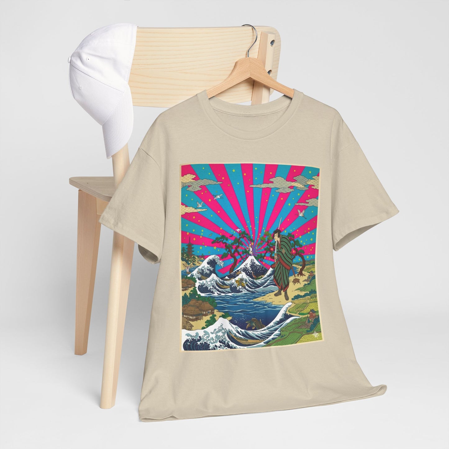 NekoPunch Original | Retro Japanese Wave & Beach T-Shirt - Samurai | Unisex Heavy Cotton Tee