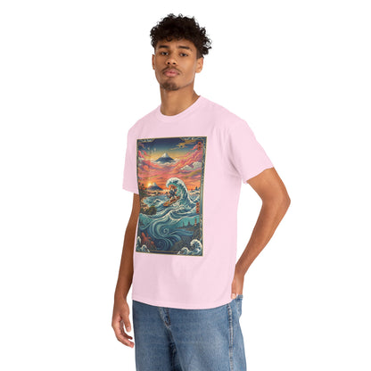 NekoPunch Original | Sunset & wave Mt. Fuji Surf T-Shirt - Girl | Unisex Heavy Cotton Tee
