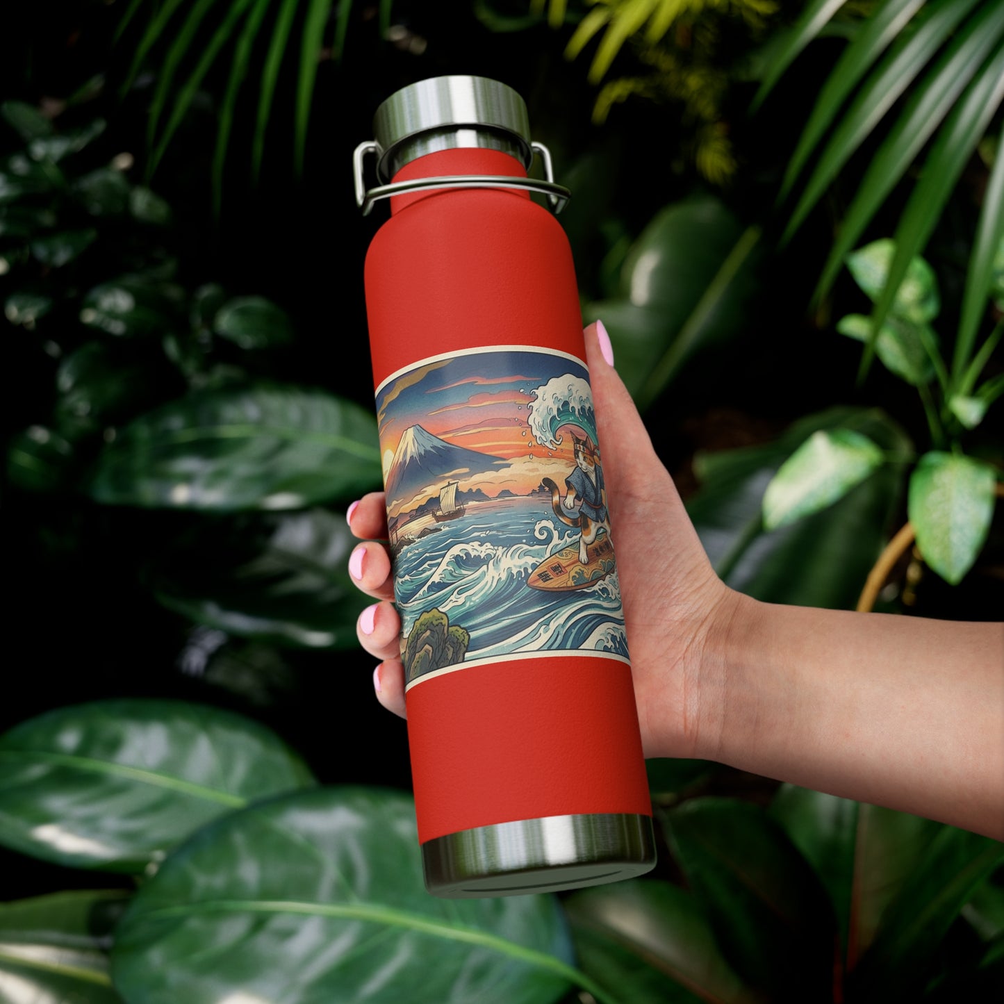 NekoPunch Original | 22oz Sunset & wave Mt. Fuji Surf Insulated Water Bottle