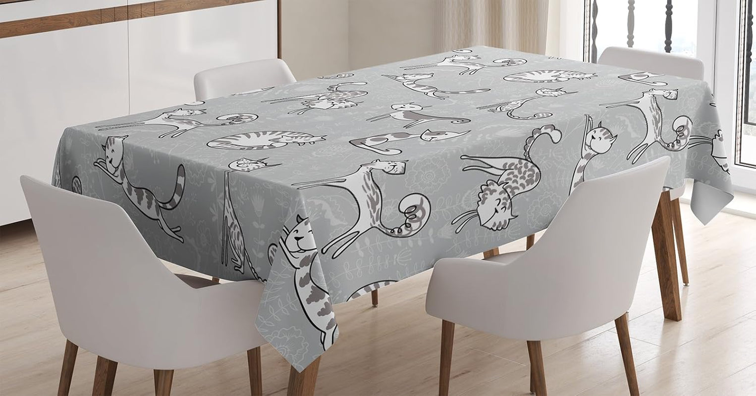 Grey Cat Tablecloth – Floral Cartoon Kitty Print, Rectangular Table Cover (52" x 70") for Dining & Kitchen Deco