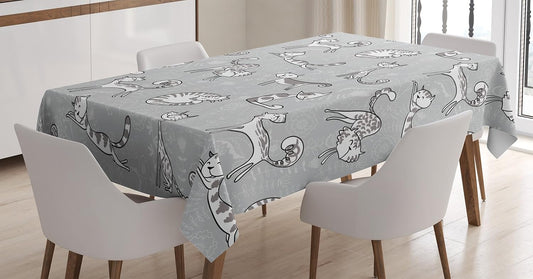Grey Cat Tablecloth – Floral Cartoon Kitty Print, Rectangular Table Cover (52" x 70") for Dining & Kitchen Deco