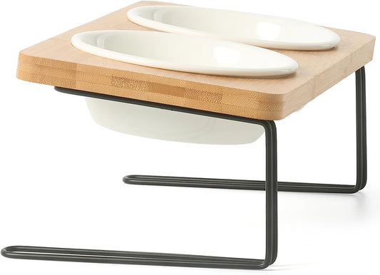 15° Tilted Elevated Cat Ceramic Bowls with Bamboo Stand – Raised Feeding Dishes Set
