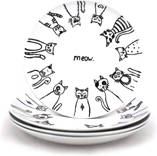 Cartoon Cat Porcelain Salad & Dessert Plate Set – Set of 4 (Available in 8-Inch or 10.5-Inch)